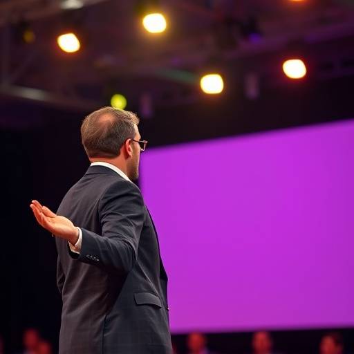Orador experiente gesticulando em um palco iluminado durante apresentaäão avanäada.